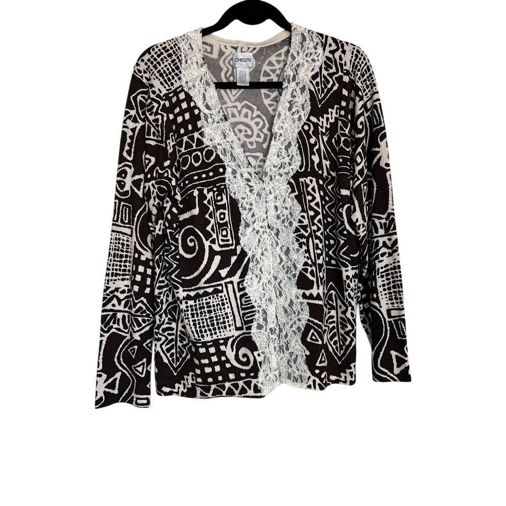 Chico's Cardigan Womens Size 3/XL Brown Geometric Tribal Lace Trim Silk Blend